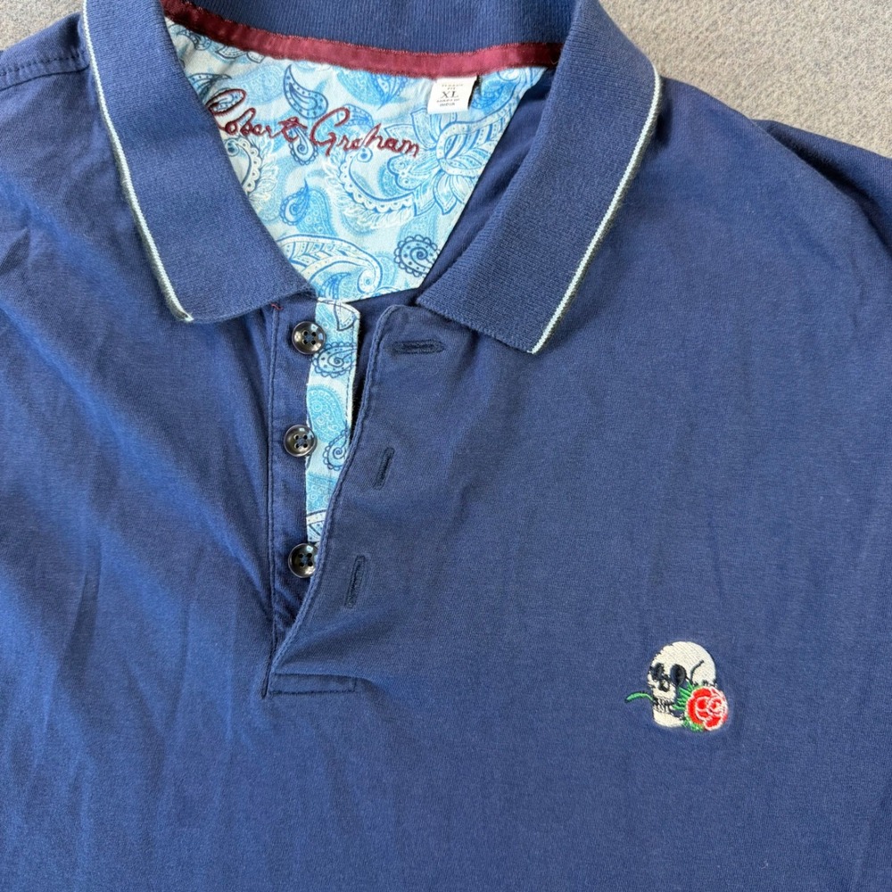 Robert Graham Polo Shirt Mens XL Blue Skull Rose Paisley Classic Fit Cotton